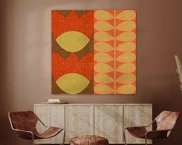 Retro 70s vintage inspired art with stylized flowers and leaves in brown, orange and yellow by Dina Dankers