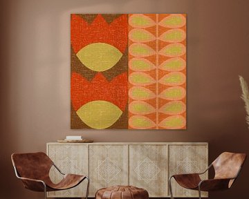 Retro 70s vintage geïnspireerde kunst met gestileerde bloemen en bladeren in bruin, oranje en geel van Dina Dankers