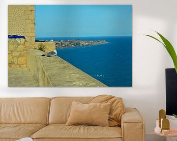Blick vom Castillo de Santa Bárbara auf das Mittelmeer vor Alicante. Auf der Burgmauer sitzt eine Mö von LuCreator