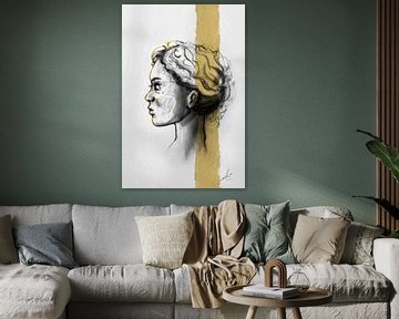 Portret in grijs en goud geel - zijkant van een gezicht