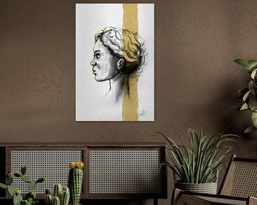 Portret in grijs en goud geel - zijkant van een gezicht van Emiel de Lange