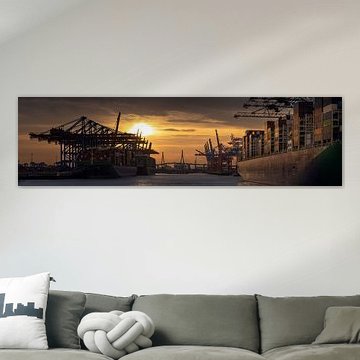 Containerschiffe und Kräne im Hamburger Hafen bei Sonnenuntergang von Jonas Weinitschke