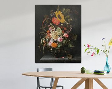 Stilleven van rozen, anjers, goudsbloemen en andere bloemen, Maria van Oosterwijck