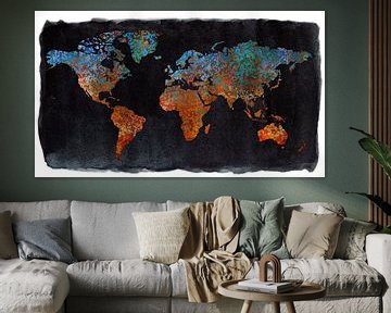 Wereldkaart van roest | metaal en aquarel met aquarelkader van WereldkaartenShop