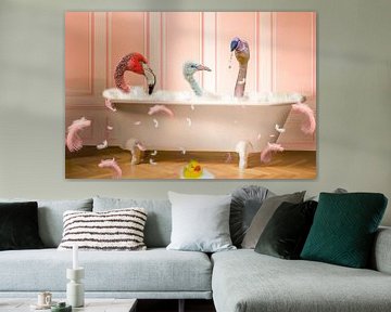 Cute flamingos in the bath