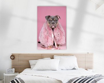 Schattige old english bulldog puppy in een roze bontmantel van Leoniek van der Vliet