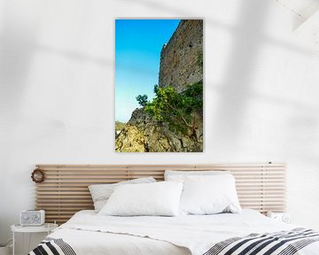 Ein Turm des Castillo de Forna auf einem großen Felsen mit einem grünen Strauch und blauem Himmel von LuCreator