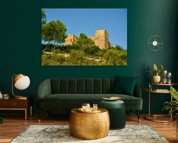 Het Castillo de Forna op een grote rots omringd door groene bomen en struiken onder een blauwe hemel van LuCreator