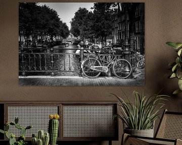 Amsterdam bicycle on a canal black white by marlika art