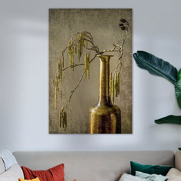 Still Life Vase with alder tree catkins - Green Copper by Alie Ekkelenkamp