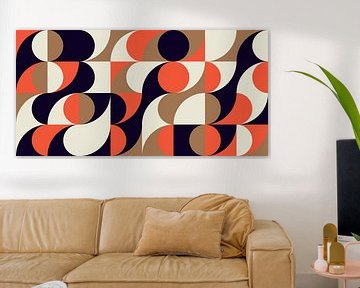 Abstracte geometrische kunst. Retro golven in bruin, oranje en wit. van Dina Dankers