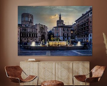 Plaza de la Virgen mit Turia Brunnen und Basilika Kathedrale in Valencia Spanien von Dieter Walther