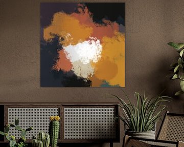 Herfst dromen. Abstract kleurrijk schilderij in wit, oranje, rood, paars en zwart. van Dina Dankers