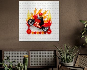 Lego firefighter on motorcycle jumps through fire by ToyWallArt