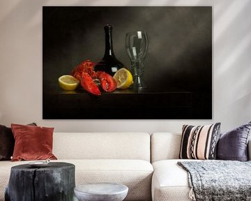 still life with lobster lemon belly bottle and rummer glass by Sander Van Laar