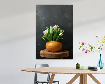 Stilleven witte tulpen in okergeel vaasje