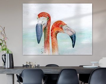 Rosa Flamingos auf aquablauem Hintergrund von Atelier DT