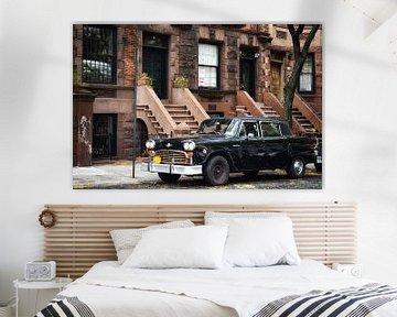 New York Harlem vintage car in front of Brownstone houses by marlika art