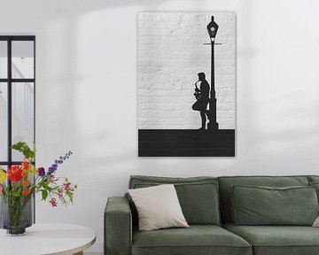 Street musician with saxophone in silhouette, a triptych part 2