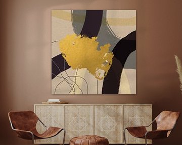 Abstract Geometric Organic Shapes And Lines in Gold, Black and Beige. by Dina Dankers