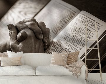 praying hands over a bible by Jörg B. Schubert