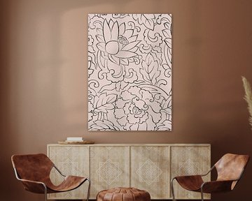 Japanese flowers on warm beige by Mad Dog Art