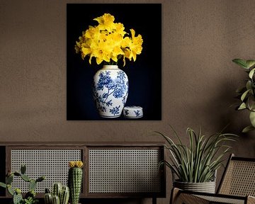 Nature morte jonquilles en bleu Delft