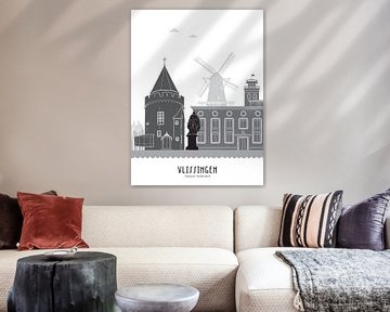Skyline illustratie stad Vlissingen zwart-wit-grijs van Mevrouw Emmer
