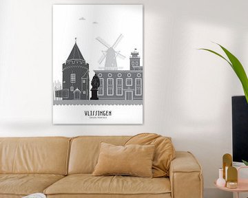 Skyline illustration city of Vlissingen black-white-grey by Mevrouw Emmer