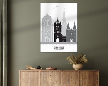 Skyline Illustration Stadt Zierikzee schwarz-weiß-grau von Mevrouw Emmer