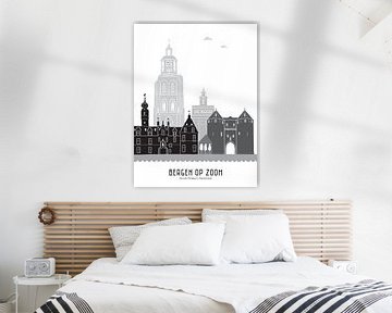 Skyline illustratie stad Bergen op Zoom zwart-wit-grijs van Mevrouw Emmer