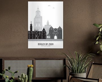 Skyline illustratie stad Bergen op Zoom zwart-wit-grijs