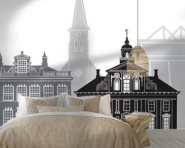 Skyline illustratie stad Heerenveen zwart-wit-grijs van Mevrouw Emmer