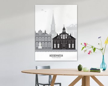 Skyline illustration city Heerenveen black-white-grey by Mevrouw Emmer