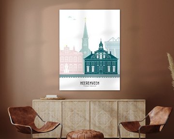 Illustration de la ligne d'horizon de la ville de Heerenveen en couleur sur Mevrouw Emmer