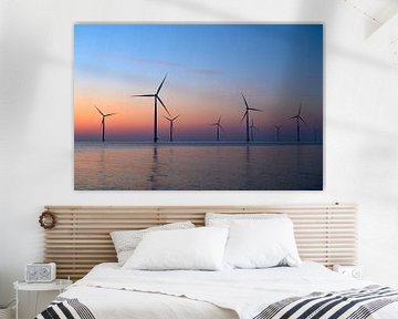 Wind turbines in an offshore wind park producing electricity sunset by Sjoerd van der Wal