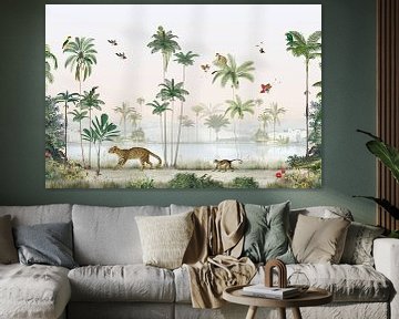 Tropische jungle met palmbomen en exotische dieren van Mrdododesign