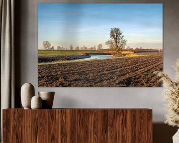 Malerische niederländische Polderlandschaft mit einem gepflügten Feld