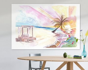 Träumen Sie sich in den tropischen Sonnenuntergang mit Palmen und Well von Markus Bleichner