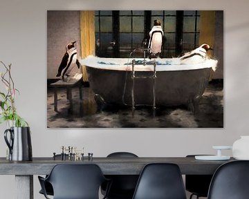 Spelende pinguins in bad, een spetterend schilderij van Arjen Roos