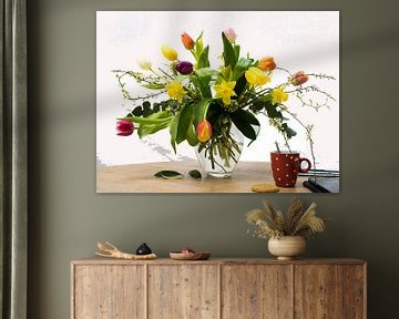 Tulpen, een fleurig boeket,voor op tafel of  aan de muur.. van Janny Schilderink......Atelier "de Tuute "