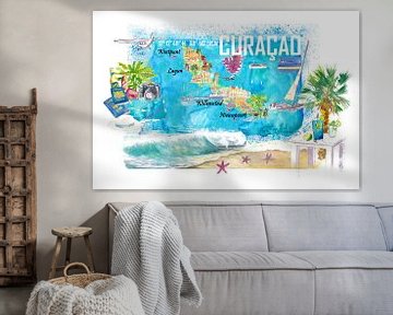 Curacao Dutch Antilles Caribbean Island Illustrated Travel Map with To von Markus Bleichner