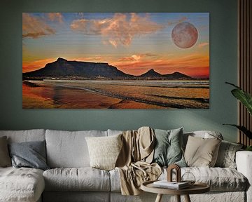 Table mountain with full moon and sunrise mixed media by Werner Lehmann