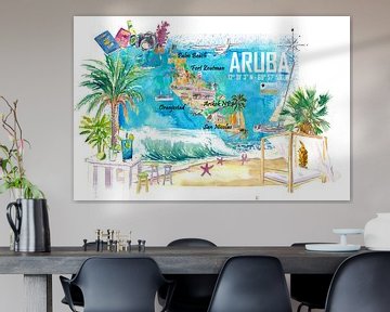 Aruba Nederlandse Antillen Caribisch eiland geïllustreerde reiskaart van Markus Bleichner
