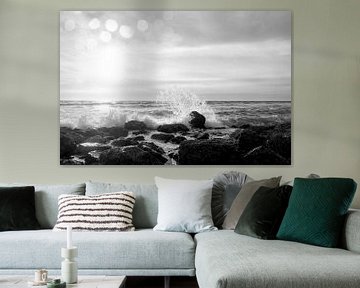 black and white photo of the sea with high waves and sunset by Karijn | Fine art Natuur en Reis Fotografie