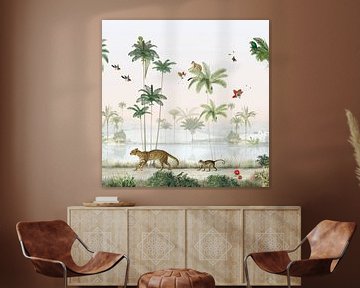 Tropische jungle met palmbomen en exotische dieren van Mrdododesign
