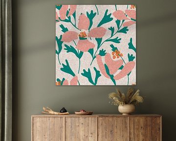 Retro botanische abstracte bloemen en bladeren in roze, groen en oranje van Dina Dankers