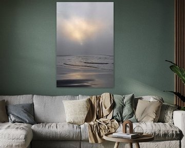 5 meeuwen vliegen de mist in over zee - Den haag van Tim als fotograaf