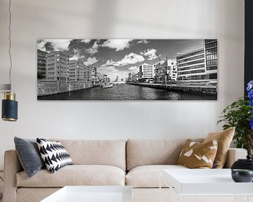 Hamburg HafenCity panorama in zwart-wit