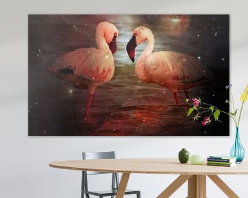 twee flamingo's in de lagune gemengde techniek van Werner Lehmann